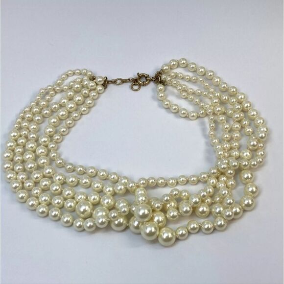 Designer J. Crew Gold-Tone Spring Ring Faux Pearl 5-Strand Beaded Necklace - Picture 2 of 4